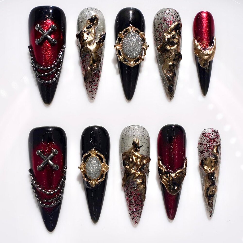 Custom 3D Punk Press On Nails | Cool Metal Chrome Nail Art